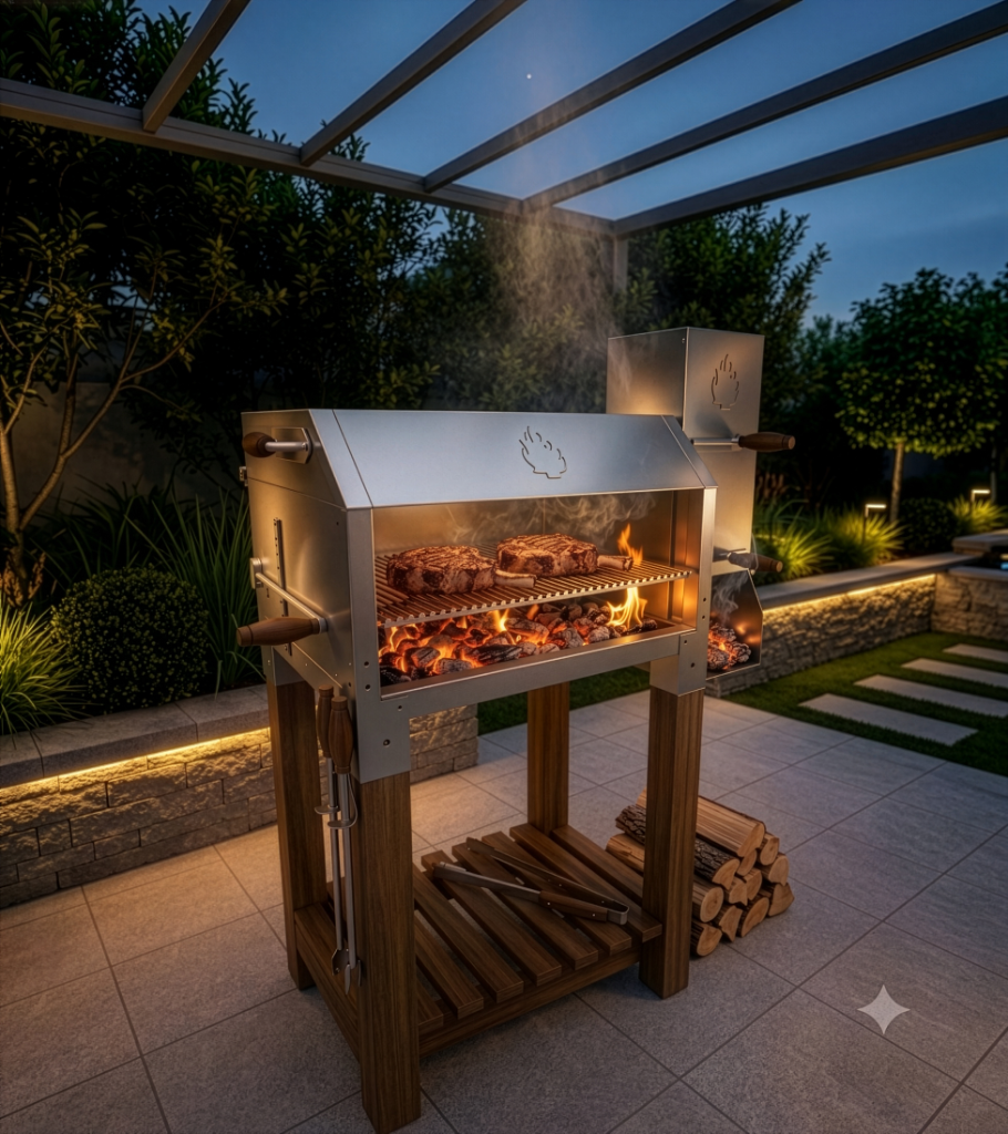 Parrilla FERRO-FUEGO encendida con llamas y carne cocinandose