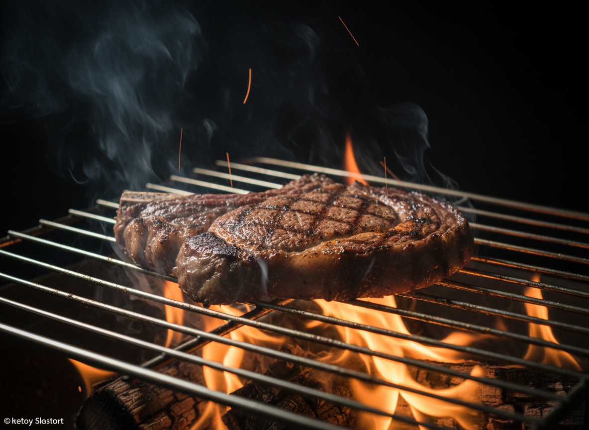 Carne asandose sobre brasas en una parrilla premium